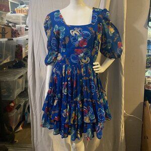 Vintage 80s Mini Dress Women 12 Blue Colorful Floral Puff Sleeves Fit and Flare